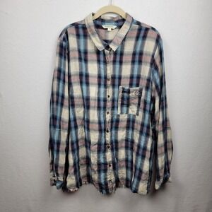 Tantrums womens 3XL Blue Pink White Plaid button down top long sleeve Frayed Hem